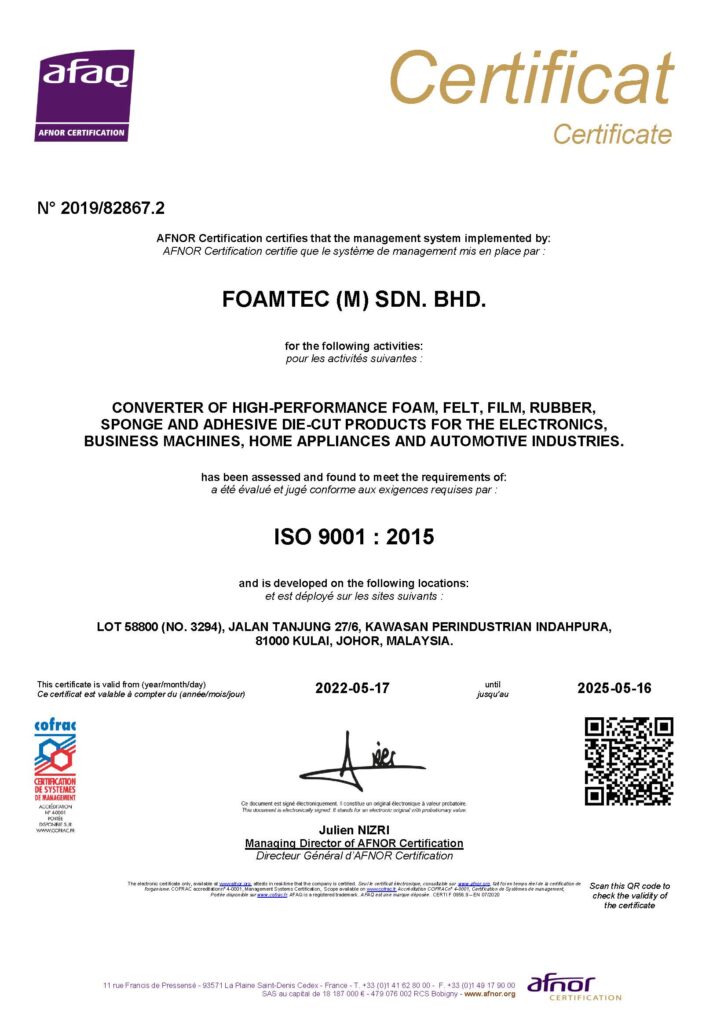 FTM ISO9001 (17 May 2022 ~ 16 May 2025) N° 2019_82867.2
